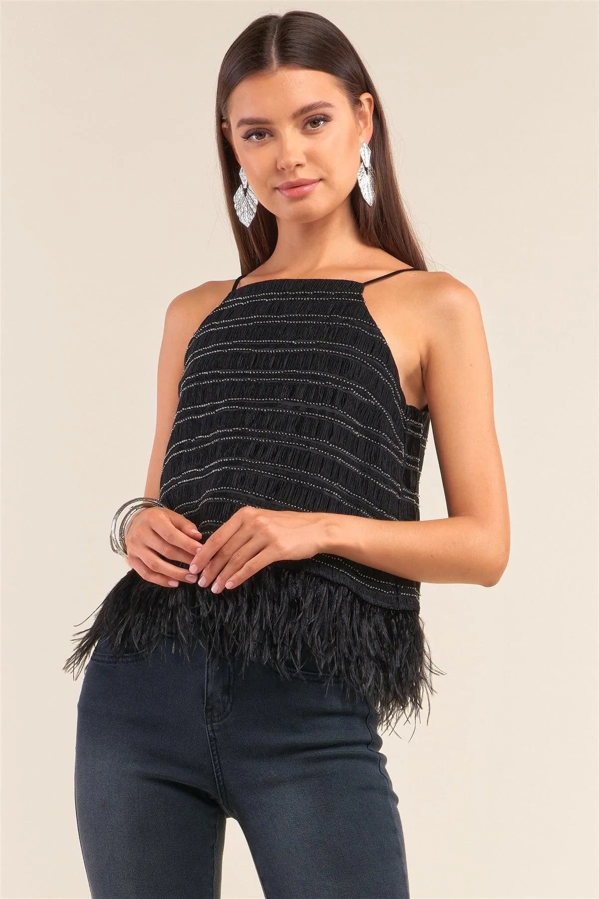 Black Smock Embroidered Ostrich Babydoll Top /1-2-2-1 - Tasha Apparel Wholesale