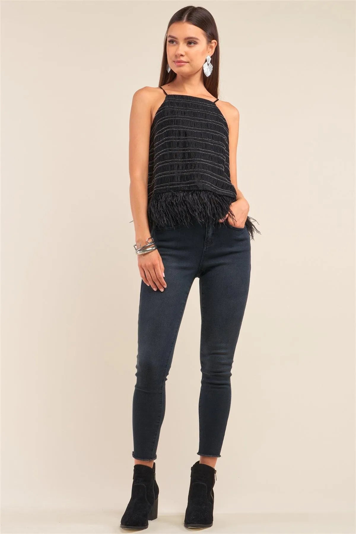 Black Smock Embroidered Ostrich Babydoll Top /1-2-2-1 - Tasha Apparel Wholesale