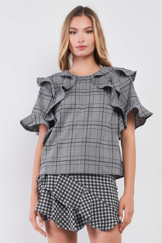 Grey Glen Plaid Print Ruffle Shoulder Trim Relaxed Top /2-2 - Tasha Apparel Wholesale