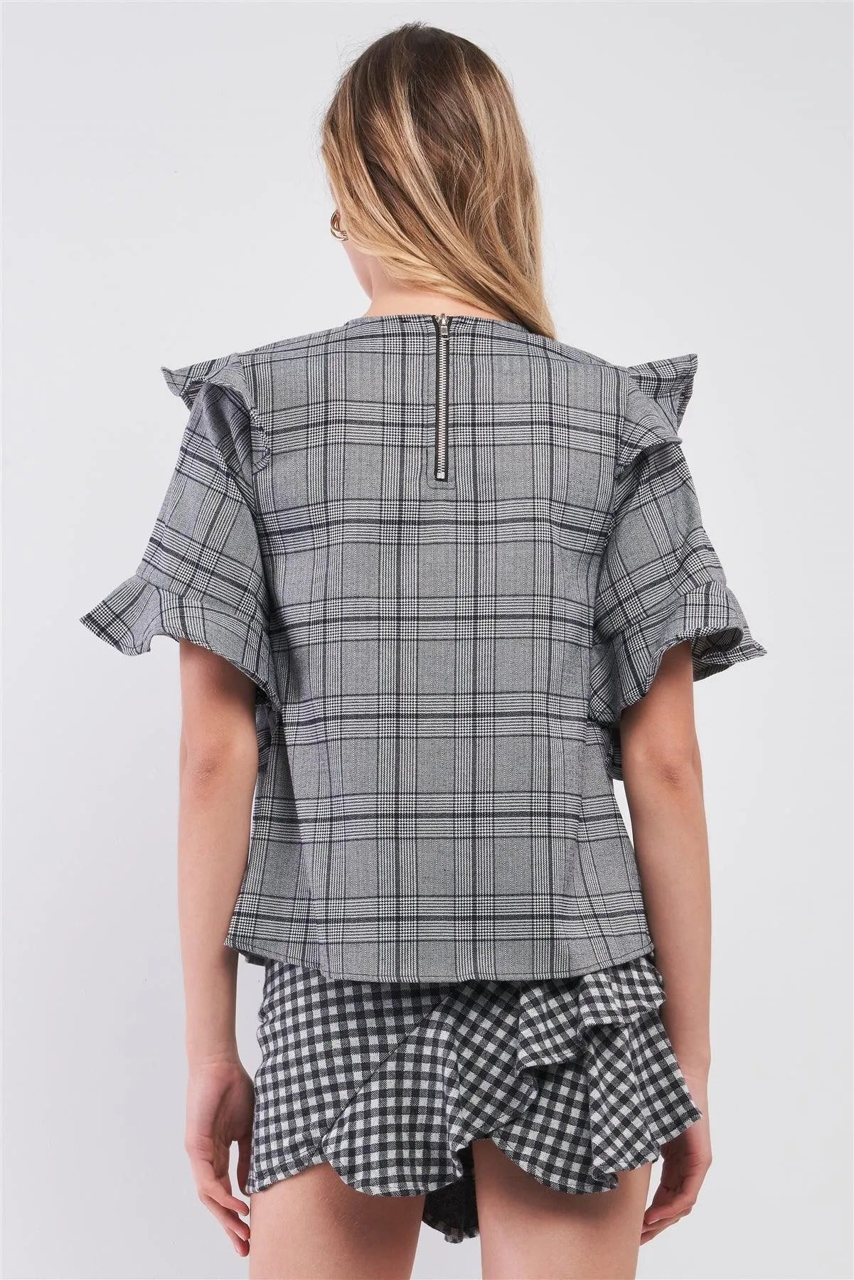 Grey Glen Plaid Print Ruffle Shoulder Trim Relaxed Top /2-2 - Tasha Apparel Wholesale