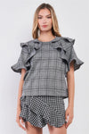 Grey Glen Plaid Print Ruffle Shoulder Trim Relaxed Top /1-1-2 - Tasha Apparel Wholesale