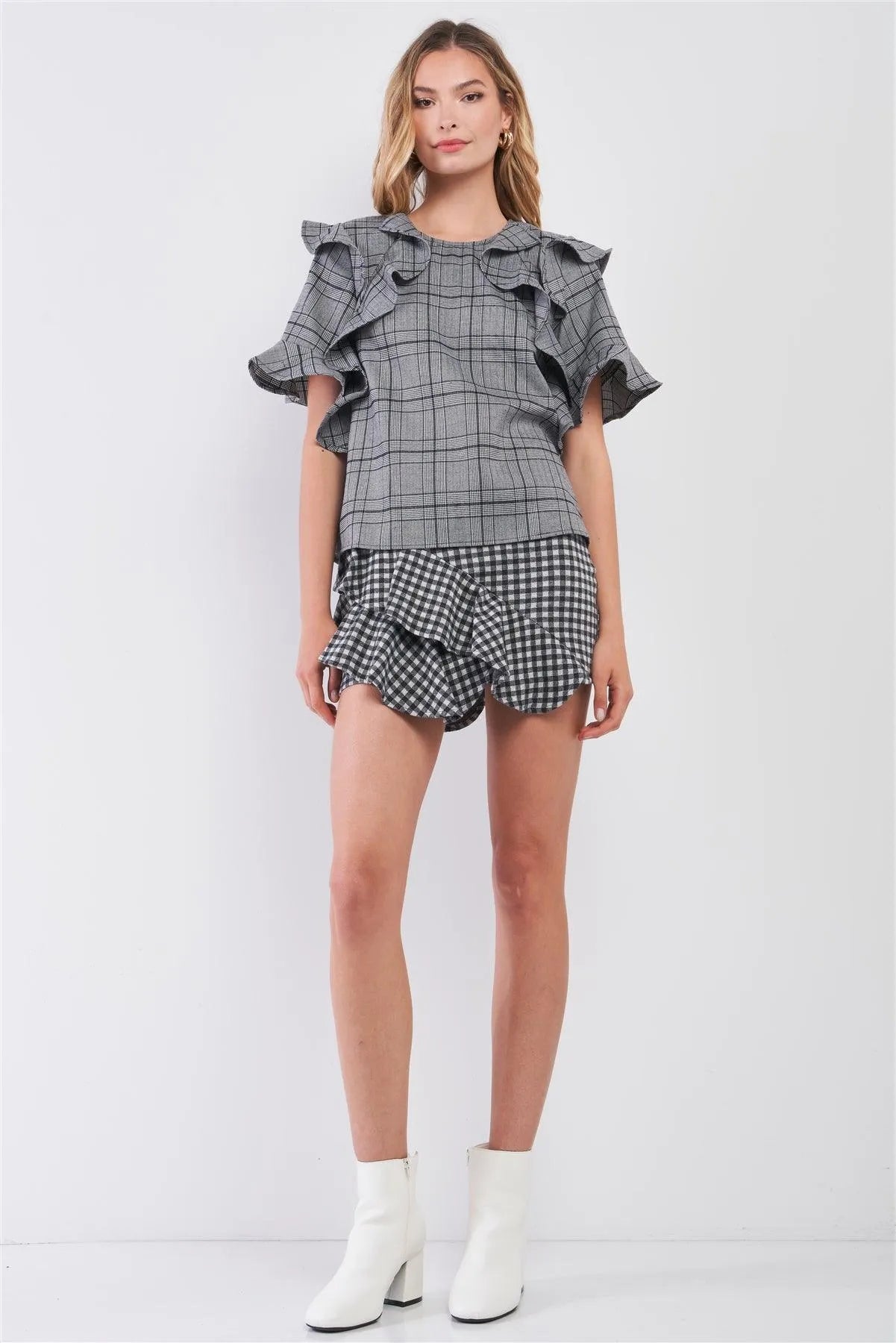 Grey Glen Plaid Print Ruffle Shoulder Trim Relaxed Top /1-1-2 - Tasha Apparel Wholesale