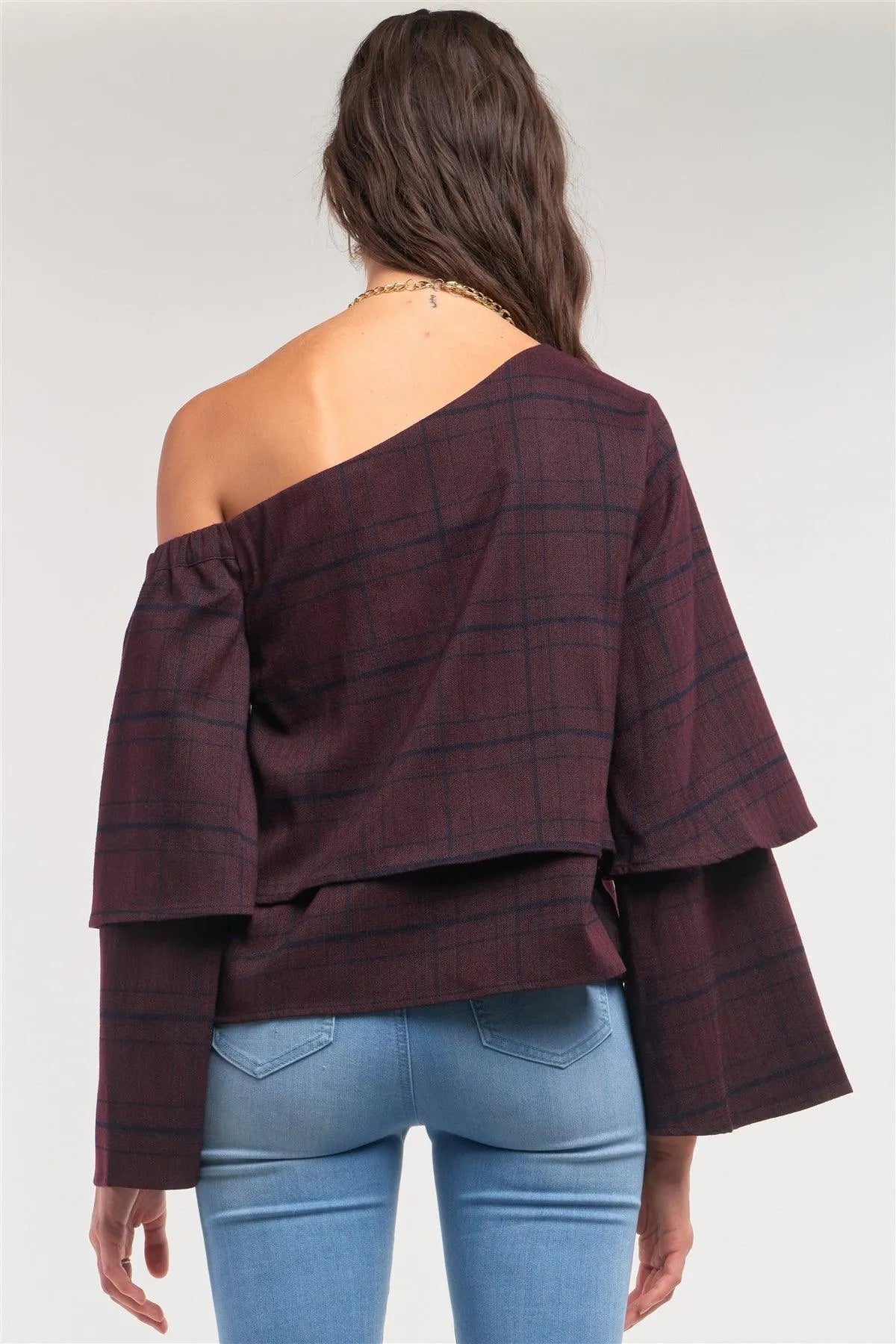 Plum Navy Plaid One-Shoulder Long Sleeve Loose Fit Layered Top /1-3-2-1-1 - Tasha Apparel Wholesale