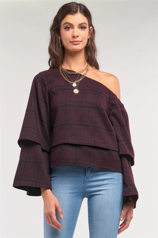 Plum Navy Plaid One-Shoulder Long Sleeve Loose Fit Layered Top /2-2-2 - Tasha Apparel Wholesale