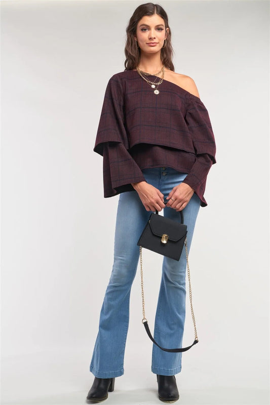 Plum Navy Plaid One-Shoulder Long Sleeve Loose Fit Layered Top /1-2-3 - Tasha Apparel Wholesale