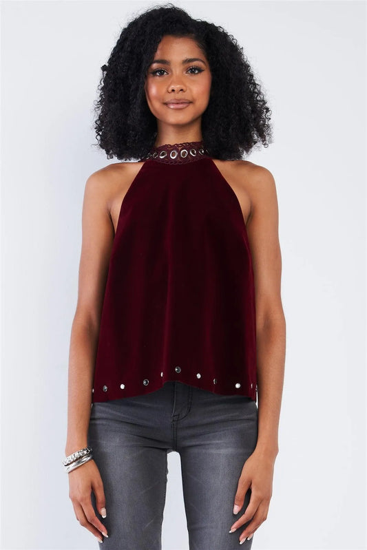 Lovely Merlot Red Velvet Sleeveless Lace & Hardware Detail Halter Babydoll Top - Tasha Apparel Wholesale