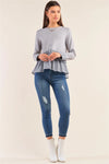 Grey Long Sleeve Crew Neck Striped Ruffle Hem Detail Knit Top /1-2-2-1 - Tasha Apparel Wholesale