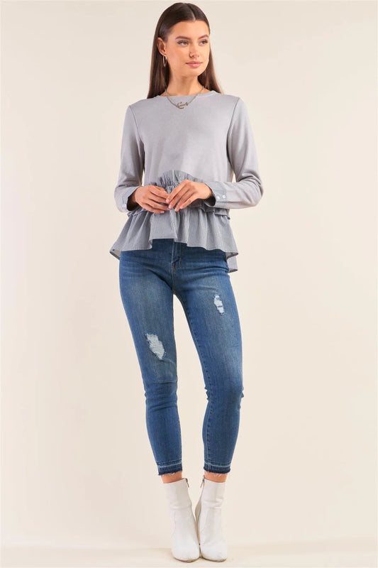 Grey Long Sleeve Crew Neck Striped Ruffle Hem Detail Knit Top /1-2-2-1 - Tasha Apparel Wholesale
