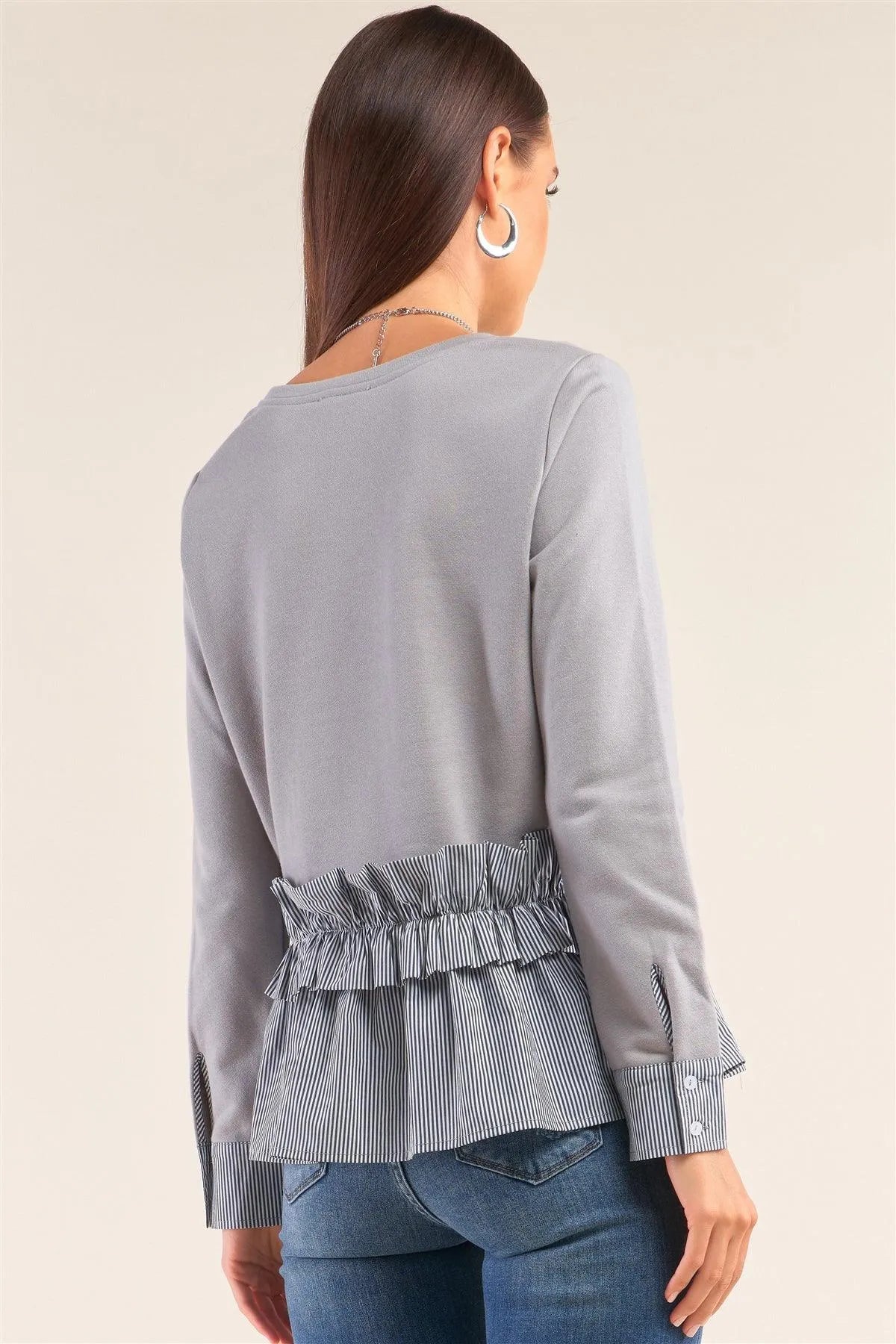 Grey Long Sleeve Crew Neck Striped Ruffle Hem Detail Knit Top /1-2-2-1 - Tasha Apparel Wholesale