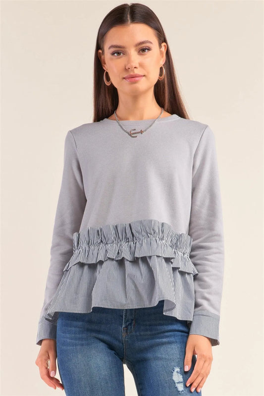 Grey Long Sleeve Crew Neck Striped Ruffle Hem Detail Knit Top /3-1-2 - Tasha Apparel Wholesale