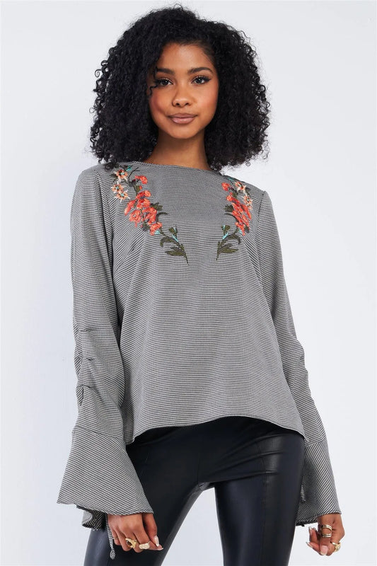 Black & White Mini Houndstooth Print Floral Embroidered Long Flutter Hem Sleeve Blouse Top - Tasha Apparel Wholesale