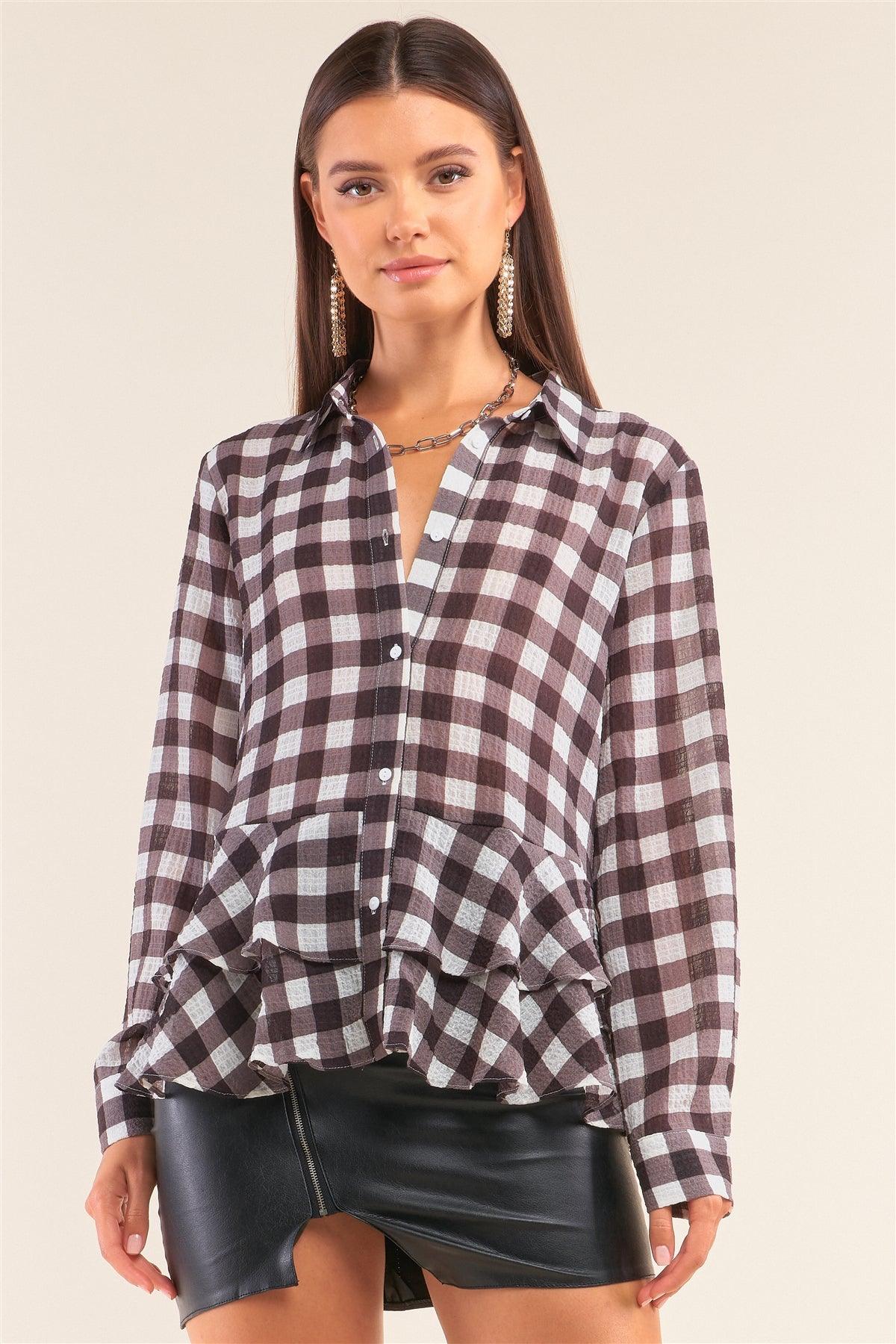 Back To School Black&White Checkered Crinkle Mesh Long Sleeve Collared Button Down Flare Hem Shirt /1-2-2-1