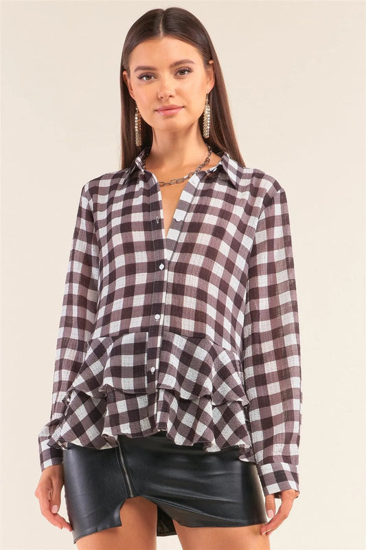 Back To School Black&White Checkered Crinkle Mesh Long Sleeve Collared Button Down Flare Hem Shirt /1-2-2-1 - Tasha Apparel Wholesale