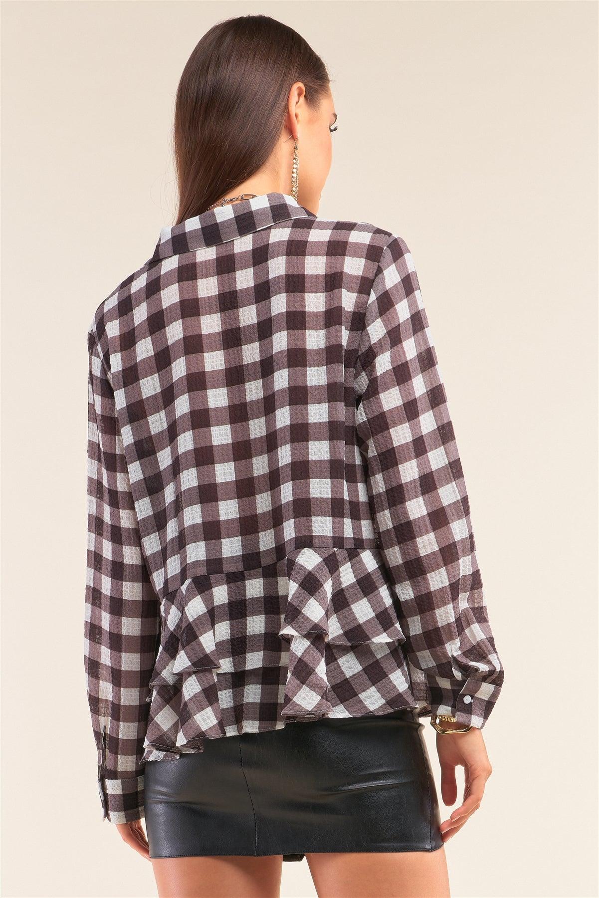 Back To School Black&White Checkered Crinkle Mesh Long Sleeve Collared Button Down Flare Hem Shirt /1-2-2-1