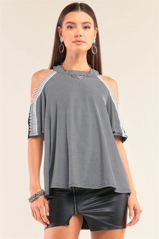 Black&White Striped Loop Trim Detail Off-The-Shoulder Sleeve Halter Neck Top /1-2-2-1 - Tasha Apparel Wholesale