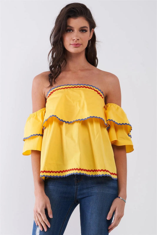 Yellow Pop Off-The-shoulder Ruffle Trim Puff Sleeve Detail Top /1-2-2-1 - Tasha Apparel Wholesale