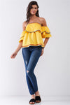 Yellow Pop Off-The-shoulder Ruffle Trim Puff Sleeve Detail Top /2-1-3 - Tasha Apparel Wholesale