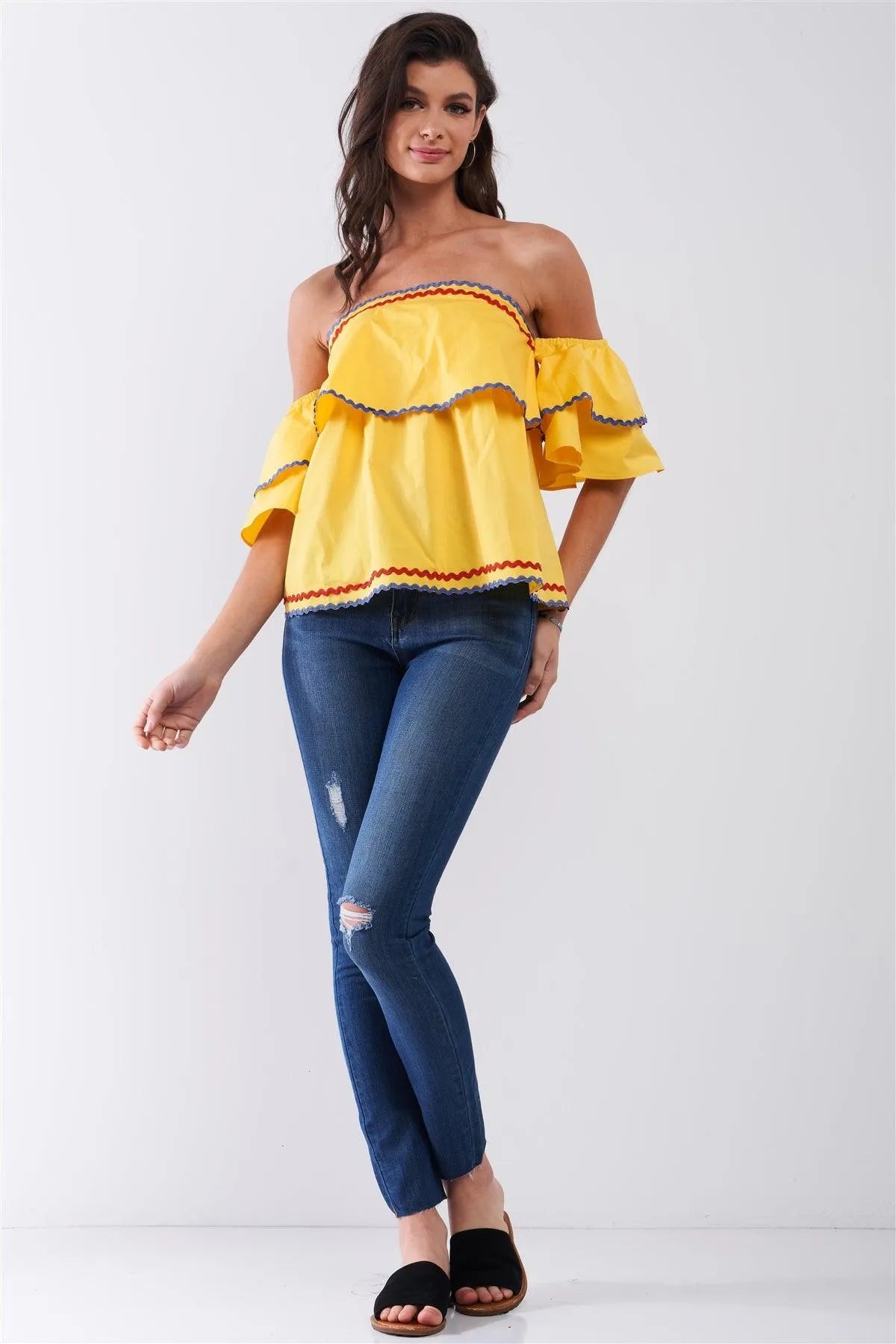 Yellow Pop Off-The-shoulder Ruffle Trim Puff Sleeve Detail Top /2-1-3 - Tasha Apparel Wholesale