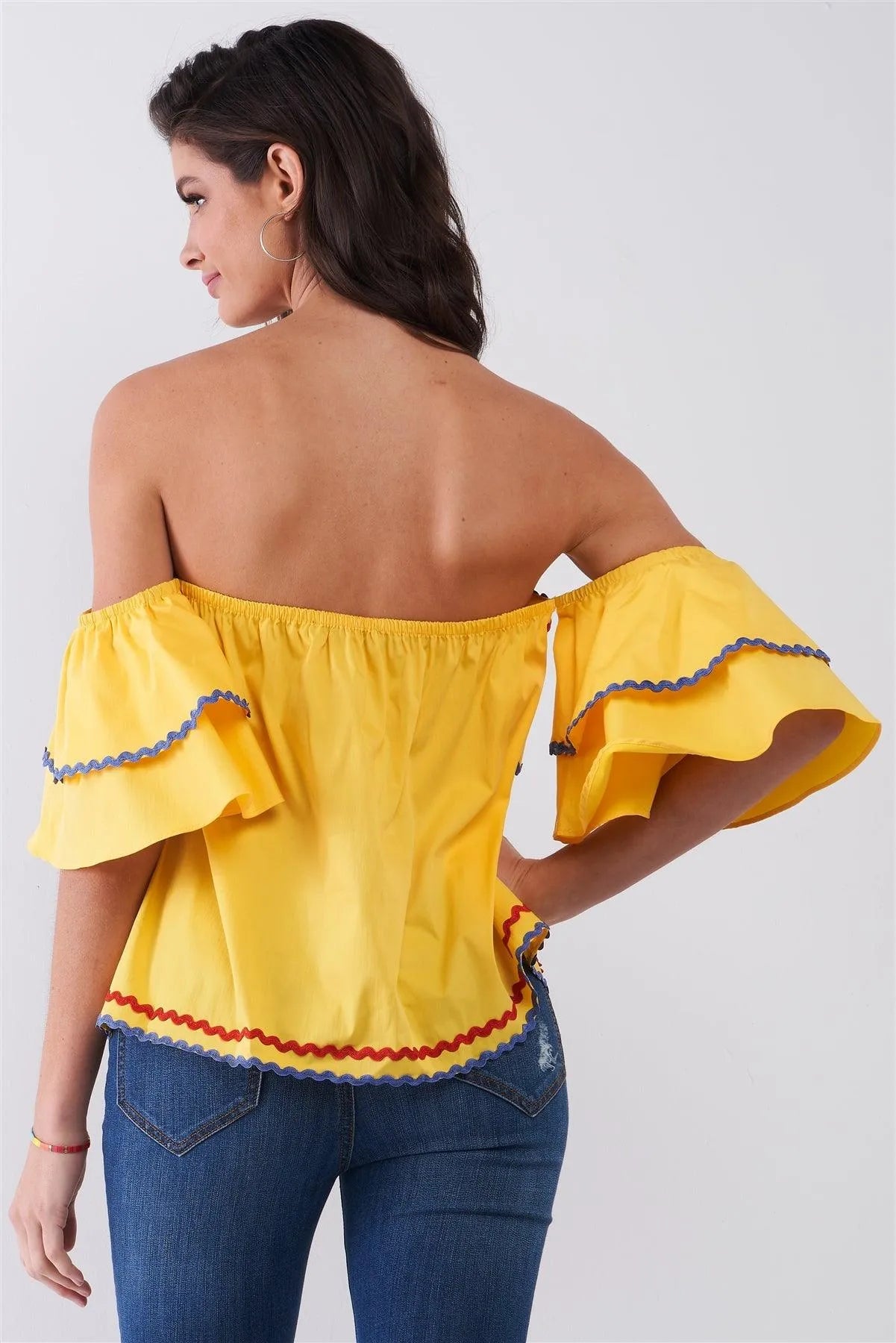 Yellow Pop Off-The-shoulder Ruffle Trim Puff Sleeve Detail Top /2-1-3 - Tasha Apparel Wholesale