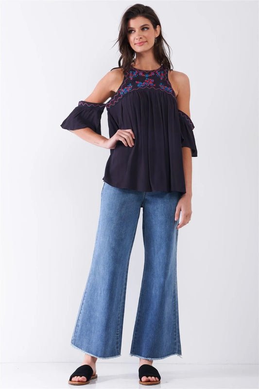 Dark Navy Off-The-Shoulder Angel Mini Sleeve Embroidered Trim Detail Babydoll Top /2-2-2 - Tasha Apparel Wholesale
