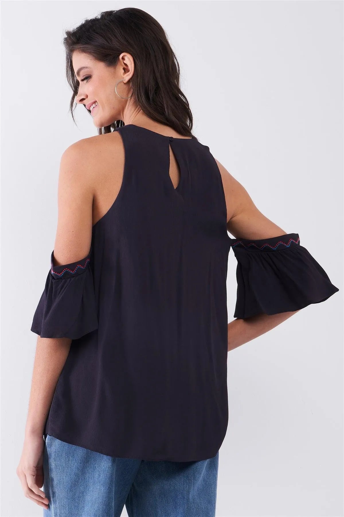 Dark Navy Off-The-Shoulder Angel Mini Sleeve Embroidered Trim Detail Babydoll Top /2-2-2 - Tasha Apparel Wholesale