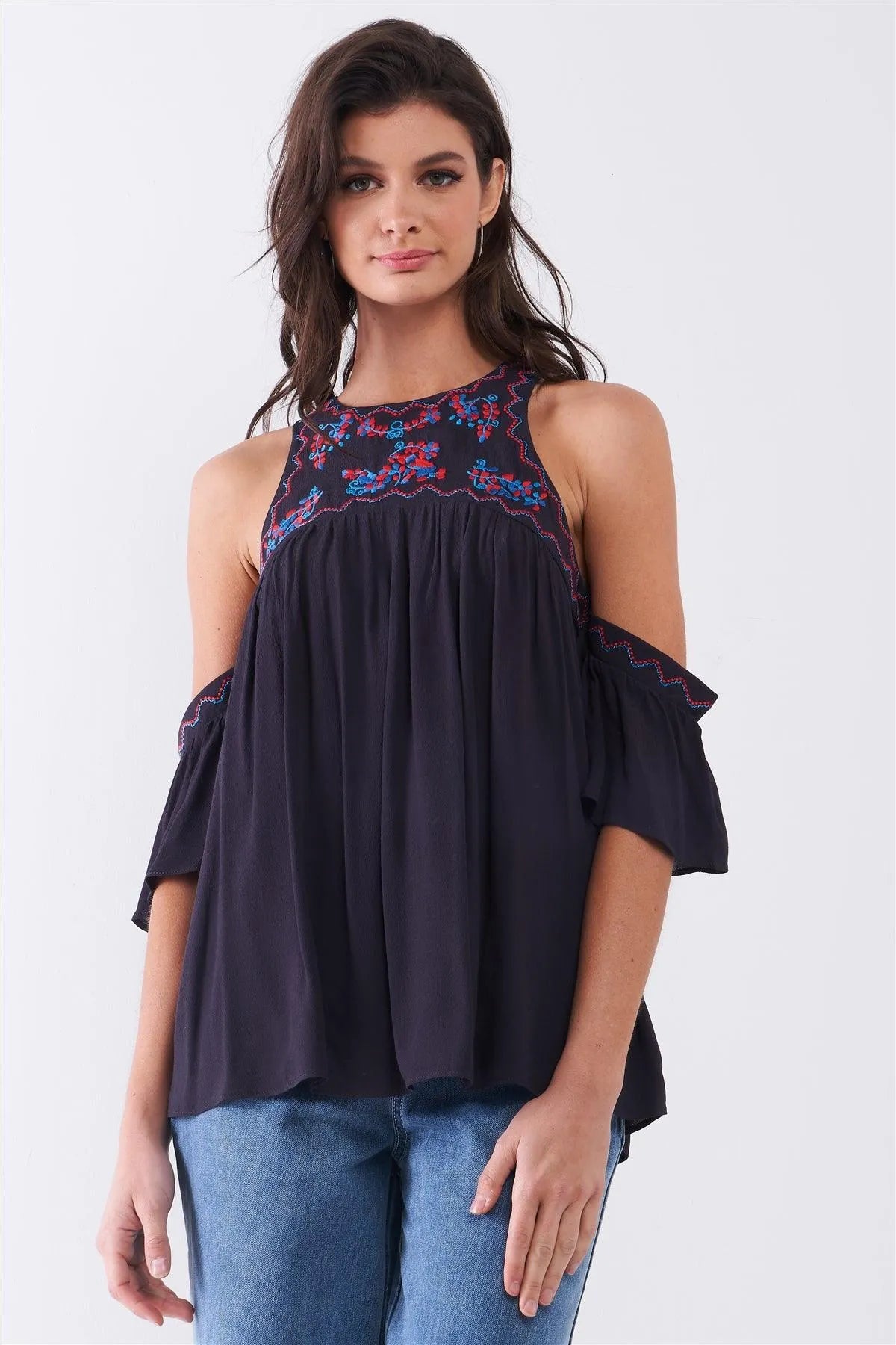 Dark Navy Off-The-Shoulder Angel Mini Sleeve Embroidered Trim Detail Babydoll Top /2-2-2 - Tasha Apparel Wholesale