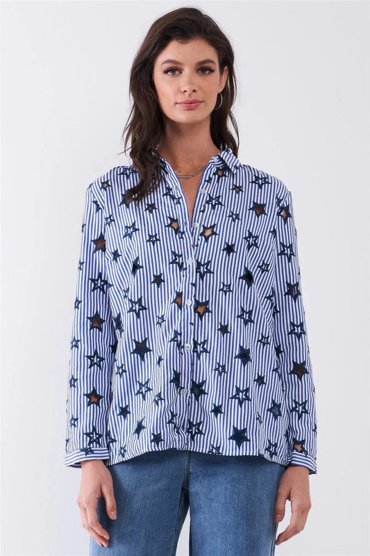 Navy Striped Cut-Out Star Embroidery Long Sleeve Button Down Shirt /2-2-2 - Tasha Apparel Wholesale