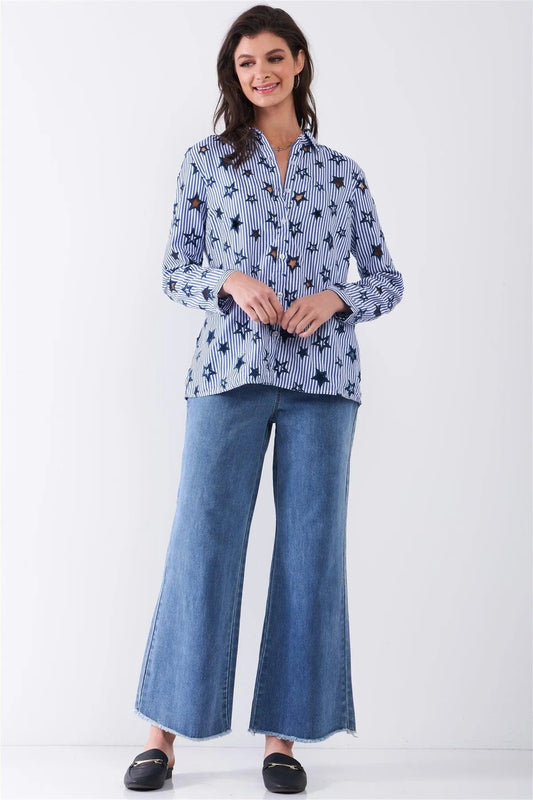 Navy Striped Cut-Out Star Embroidery Detail Long Sleeve Shirt /2-2-2 - Tasha Apparel Wholesale