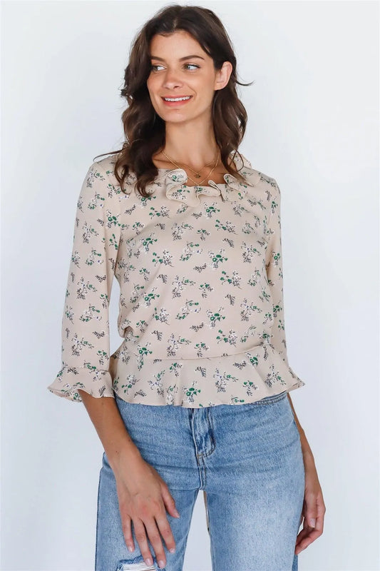 Tan Multi Color Floral Print Ruffled Round Neck Midi Sleeve Top /2-1-1 - Tasha Apparel Wholesale
