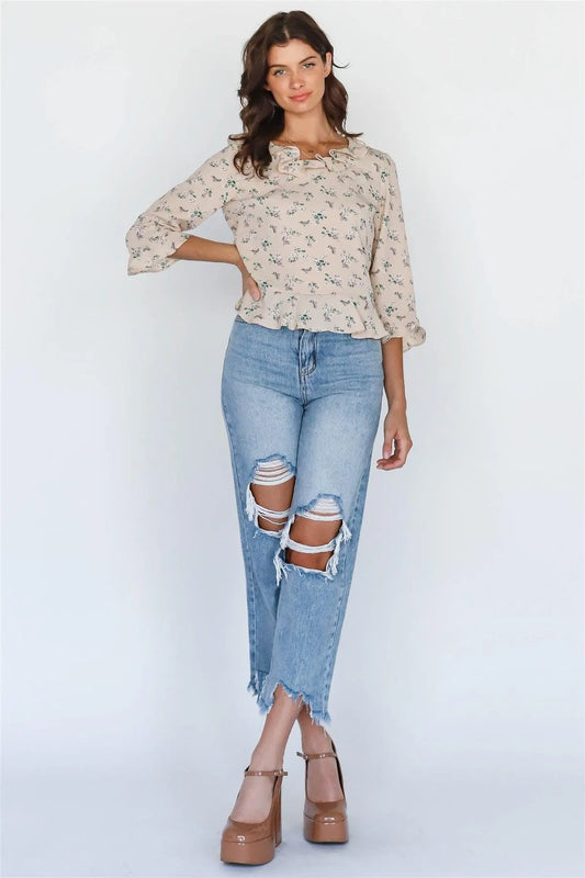 Tan Multi Color Floral Print Ruffled Round Neck Midi Sleeve Top/2-3 - Tasha Apparel Wholesale