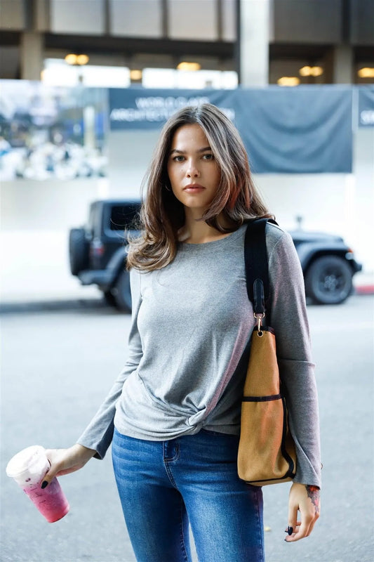 Grey Ribbed Twist Front Detail Long Sleeve Top /1-2-2-1 - Tasha Apparel Wholesale