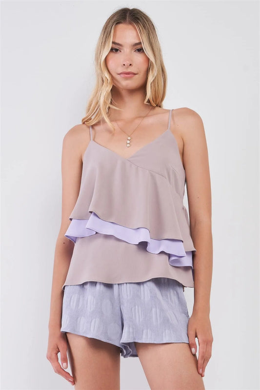 Grey & Lavender Asymmetric Layered Sleeveless V-Neck Flounce Top /1-2-2-1 - Tasha Apparel Wholesale