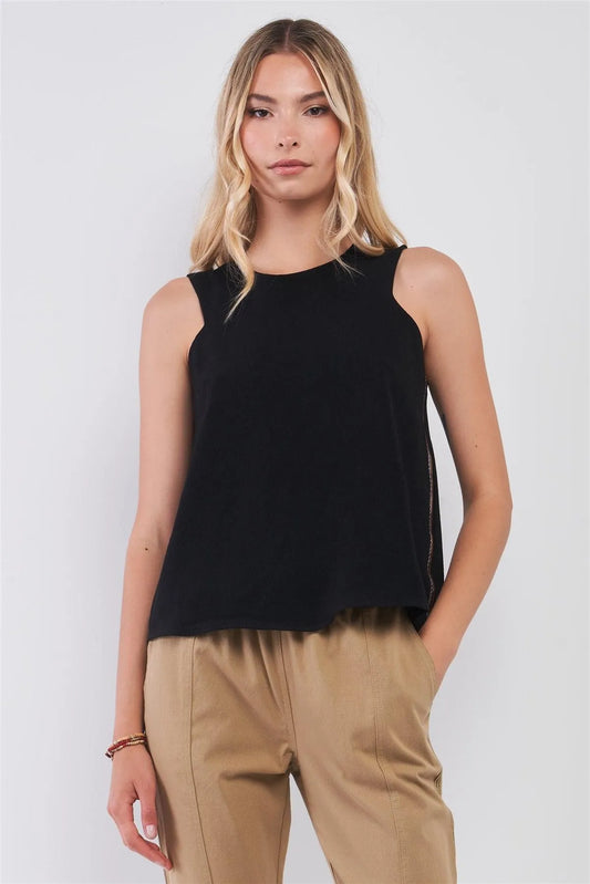 Black Sleeveless Round Neck Side Embroidery Trim Detail Babydoll Top /1-2-2-1 - Tasha Apparel Wholesale