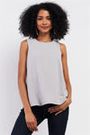 Stone Grey Sleeveless Round Neck Side Embroidery Trim Detail Babydoll Top /1-2-2-1 - Tasha Apparel Wholesale