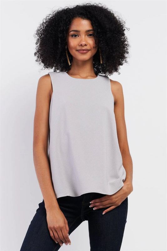 Stone Grey Sleeveless Round Neck Side Embroidery Trim Detail Babydoll Top /1-2-2-1 - Tasha Apparel Wholesale