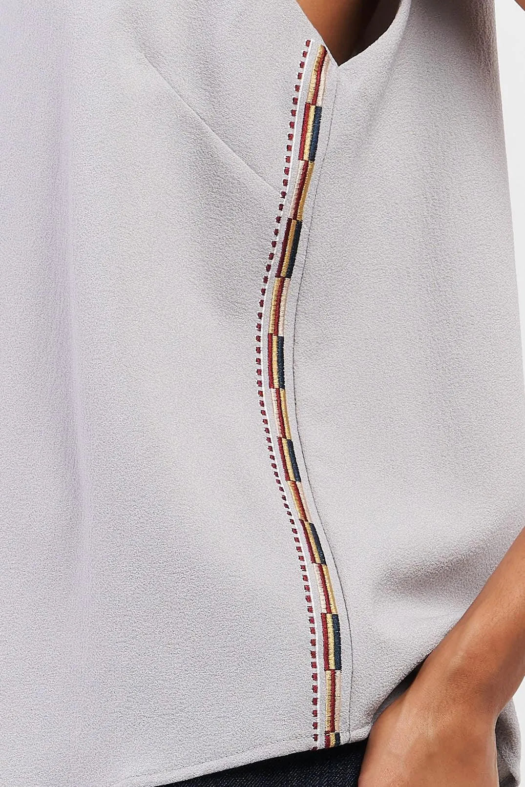 Stone Grey Sleeveless Round Neck Side Embroidery Trim Detail Babydoll Top /1-2-2-1 - Tasha Apparel Wholesale