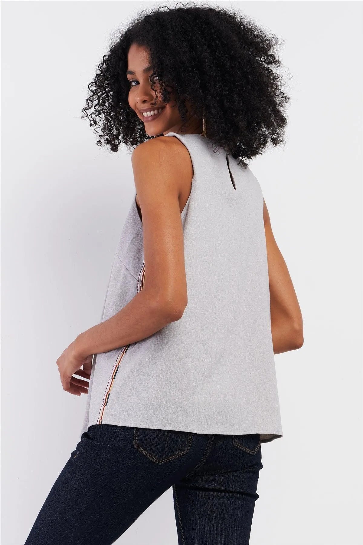 Stone Grey Sleeveless Round Neck Side Embroidery Trim Detail Babydoll Top /1-2-2-1 - Tasha Apparel Wholesale