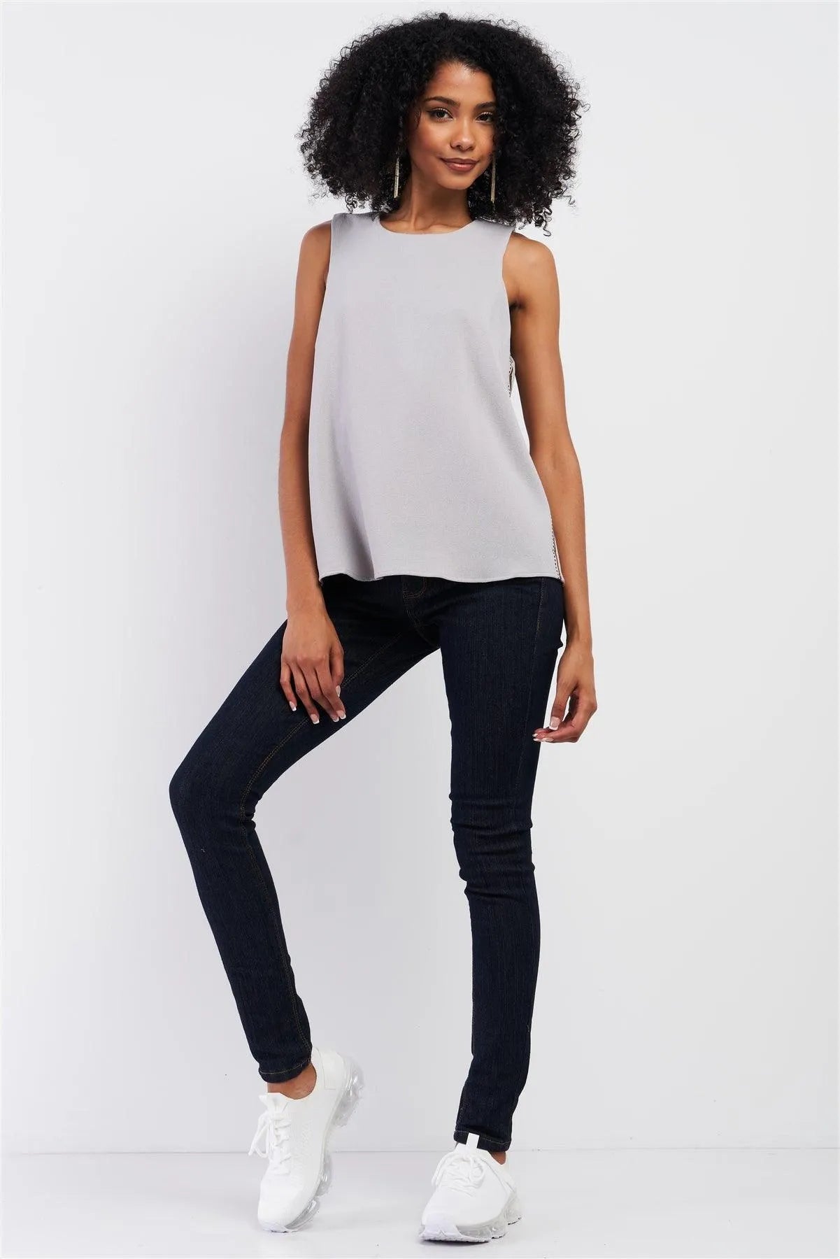 Stone Grey Sleeveless Round Neck Side Embroidery Trim Detail Babydoll Top /1-2-2-1 - Tasha Apparel Wholesale