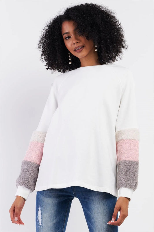 White Multi Color Faux Shearling Detail Long Sleeve Sweater /1-2-2-1 - Tasha Apparel Wholesale