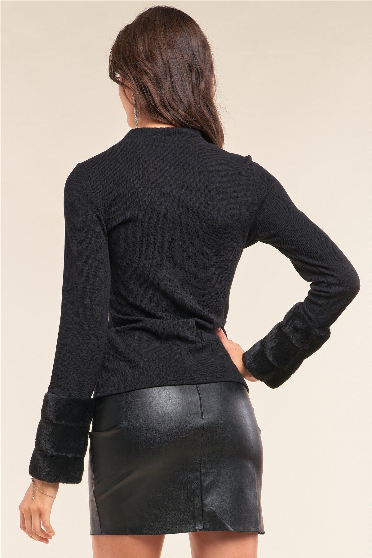 Black Ribbed Long Faux Mink Fur Muff Inspired Detail Sleeve Semi-Turtleneck Sweater /1-1-2-1