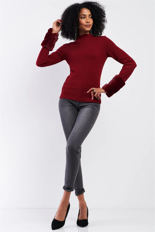 Burgundy Ribbed Long Faux Mink Fur Detachable Muff Inspired Detail Sleeve Semi-Turtleneck Sweater /1-1-1-1-1 - Tasha Apparel Wholesale