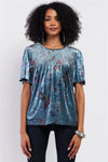 Blue Multi Color Velvet Floral Print Short Sleeve Loose Fit Smock Detail Round Neck Velvet Top /1-2-2-1 - Tasha Apparel Wholesale