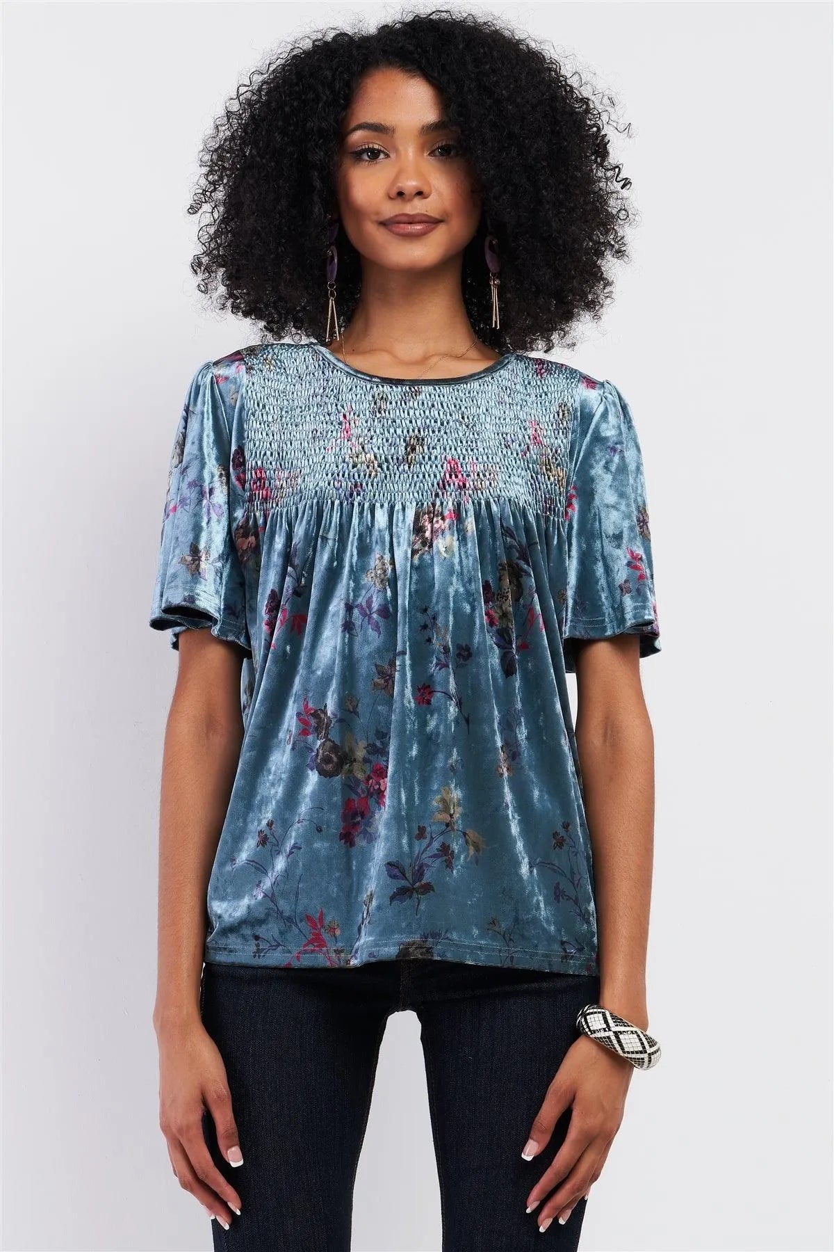 Blue Multi Color Velvet Floral Print Short Sleeve Loose Fit Smock Detail Round Neck Velvet Top /1-2-2-1 - Tasha Apparel Wholesale