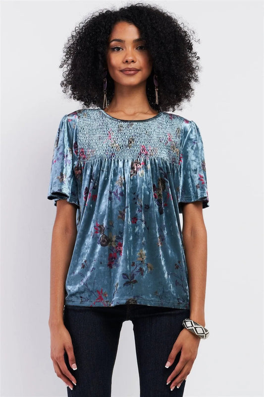 Blue Multi Color Velvet Floral Print Short Sleeve Loose Fit Smock Detail Round Neck Velvet Top /1-2-2-1 - Tasha Apparel Wholesale