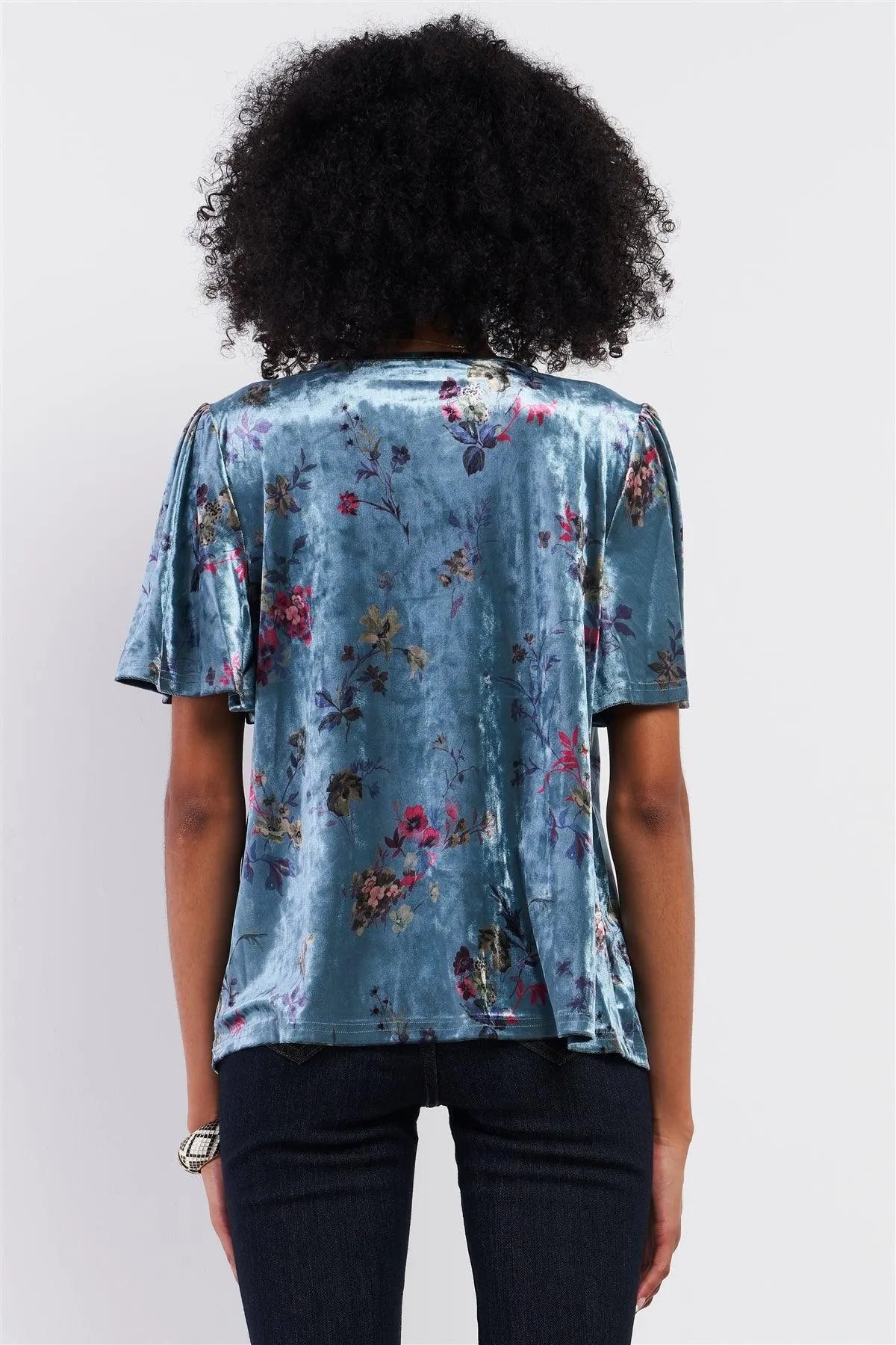 Blue Multi Color Velvet Floral Print Short Sleeve Loose Fit Smock Detail Round Neck Velvet Top /1-2-2-1 - Tasha Apparel Wholesale
