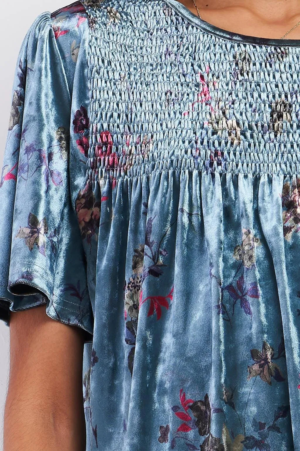 Blue Multi Color Velvet Floral Print Short Sleeve Loose Fit Smock Detail Round Neck Velvet Top /1-2-2-1 - Tasha Apparel Wholesale