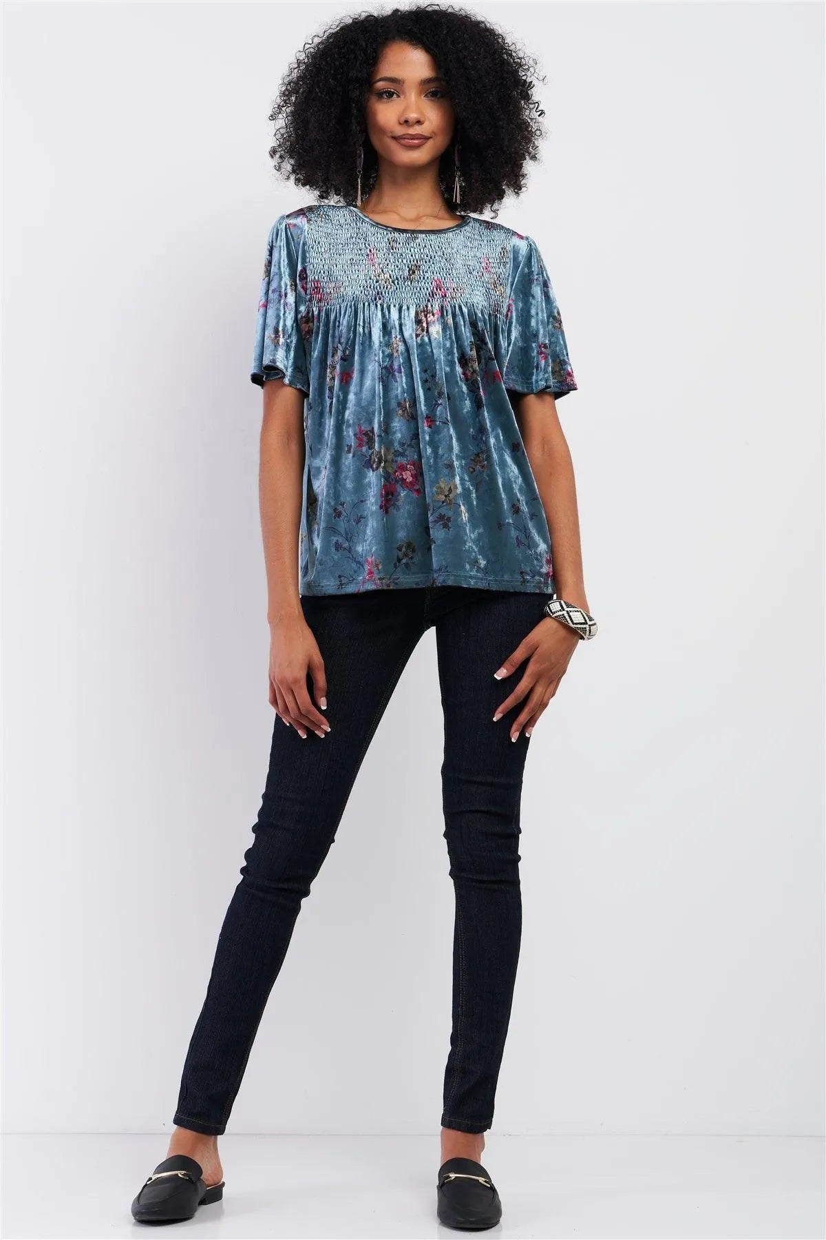 Blue Multi Color Velvet Floral Print Short Sleeve Loose Fit Smock Detail Round Neck Velvet Top /1-2-2-1 - Tasha Apparel Wholesale