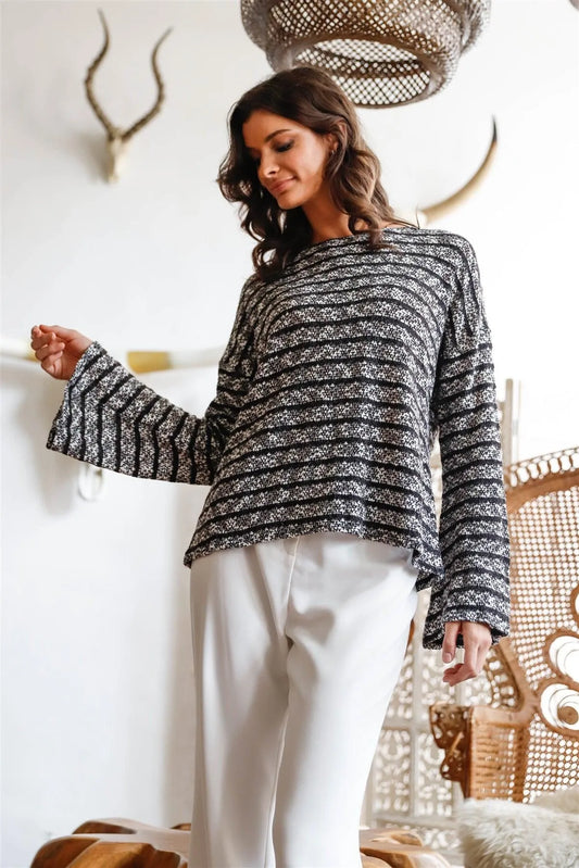 Black & White Knit Striped Long Kimono Sleeve Top /2-2-2 - Tasha Apparel Wholesale