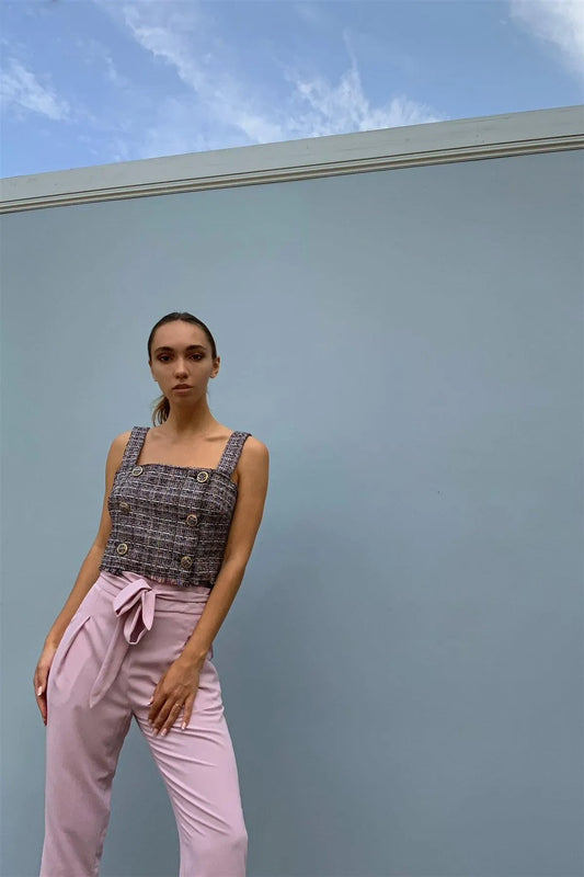 Multicolor Sleeveless Plaid Square Neck Buttoned Trim Cropped Top /1-1-2-1 - Tasha Apparel Wholesale