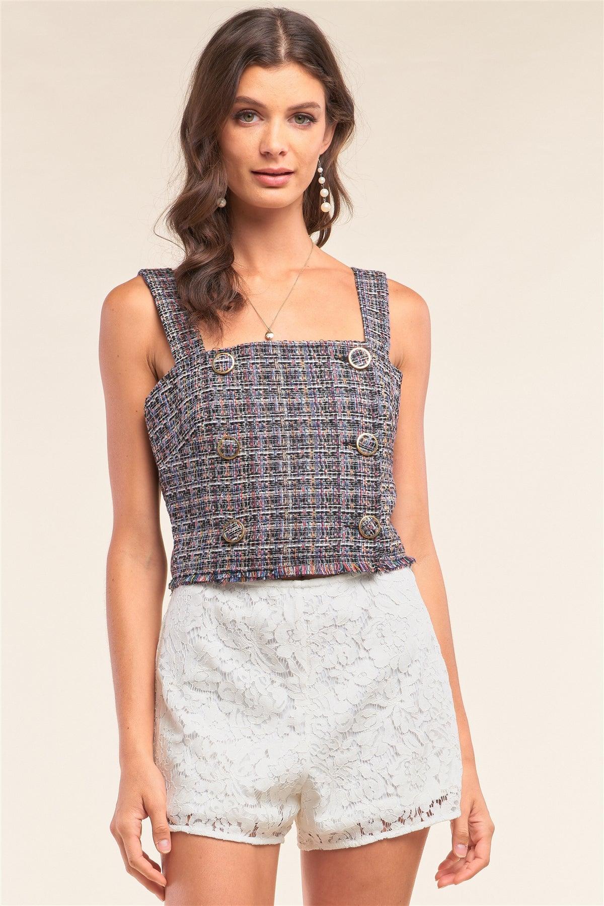 Multicolor Sleeveless Plaid Square Neck Buttoned Trim Cropped Top /1-2-2
